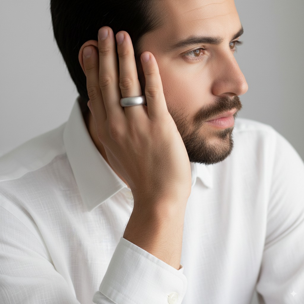 Hand raised to ear, listening to the ring