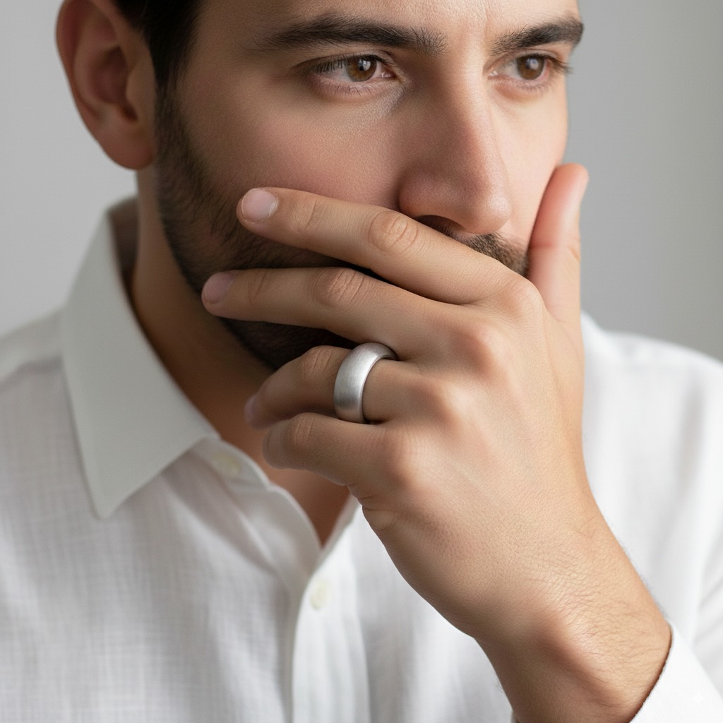 Hand raised to mouth, whispering to the ring in a meeting